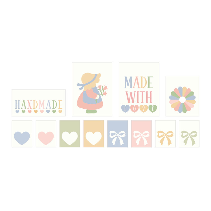 Digital mockup of the woven labels, which include hearts, bows, quilt block motifs, and the phrases "Made with Love" and "Handmade" all in light pastels on a cream background.