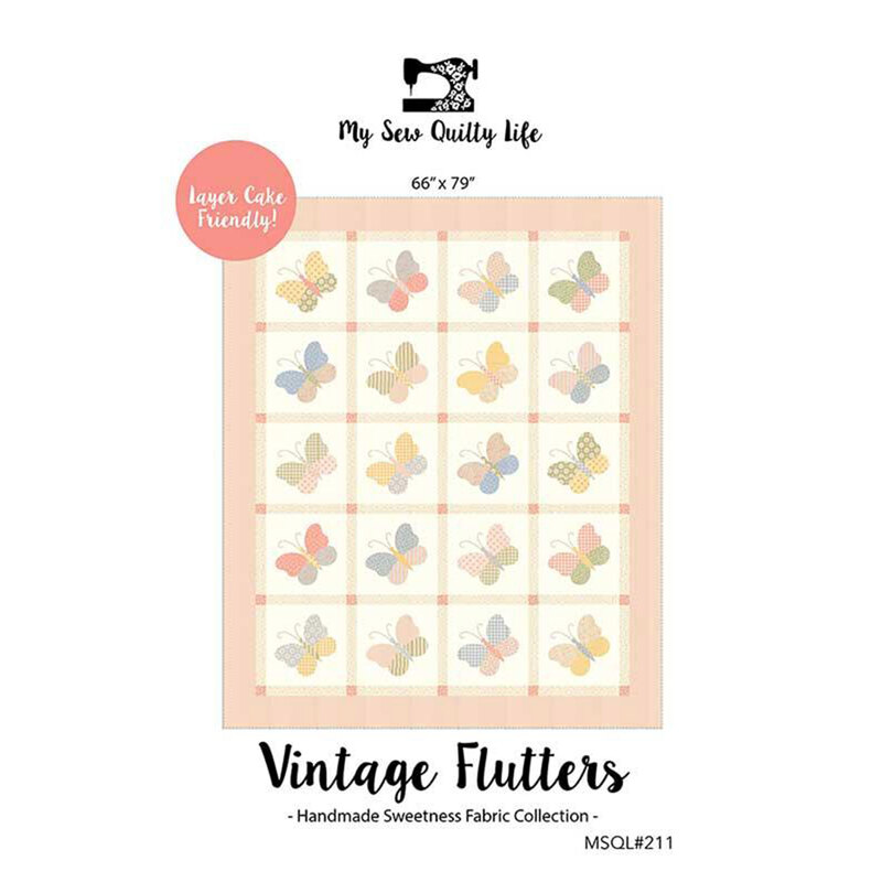 Front of the Vintage Flutters pattern showing a digital mockup of the finished quilt which has 20 butterfly quilt blocks and a border.