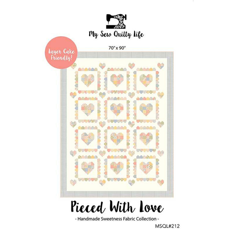 Front of the Pieced With Love quilt pattern showing a digital mockup of the completed project with 12 pieced hearts and borders and additional hearts on the corners of each block.