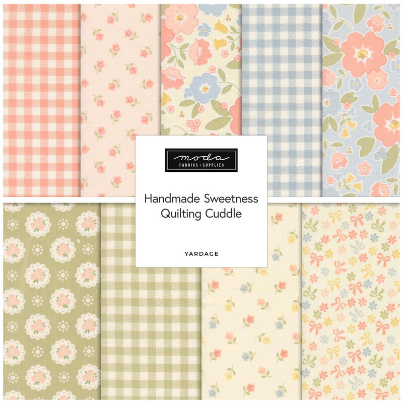Collage of fabrics in the collection, featuring gingham and floral designs in pastel pink, blue, and green with cream accents. 