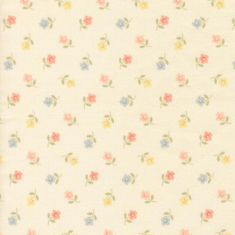 Ditsy pattern of yellow, peach, pink, and blue flowers on a cream Quilting Cuddle fabric.
