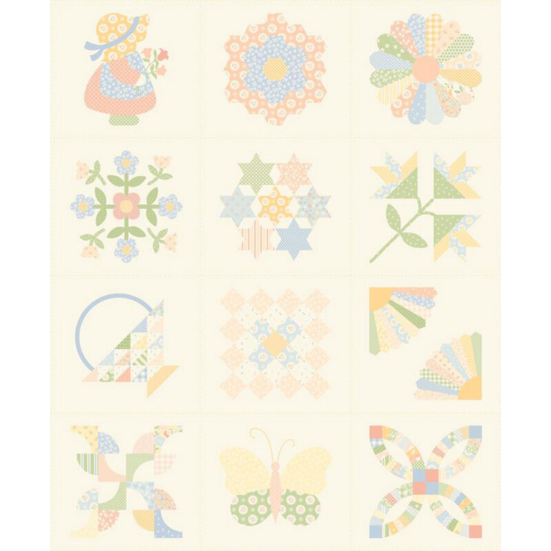 A cream colored Quilting Cuddle panel with 12 blocks featuring patchwork inspired designs in pastel fabric patterns from the collection