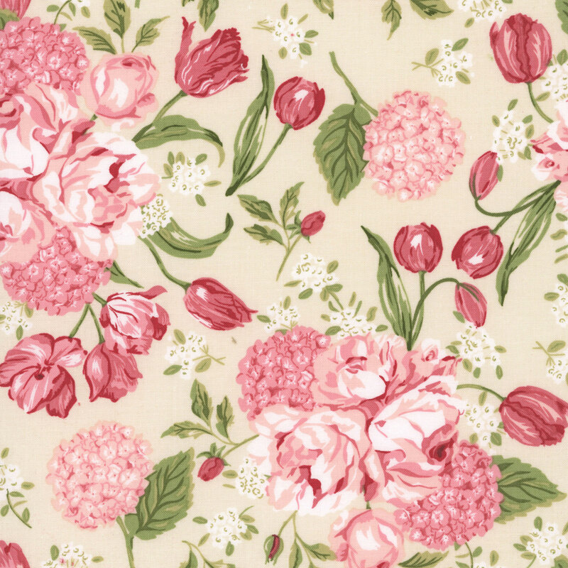 Beige fabric with a scattered pattern of large, pink florals including hydrangeas, tulips, and roses