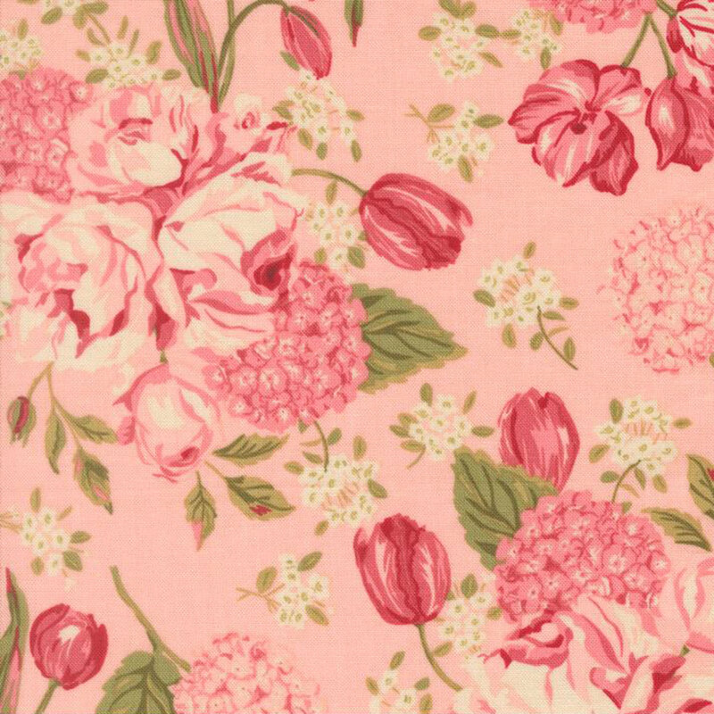 Rose pink fabric with a scattered pattern of large, pink and cream florals including hydrangeas, tulips, and roses
