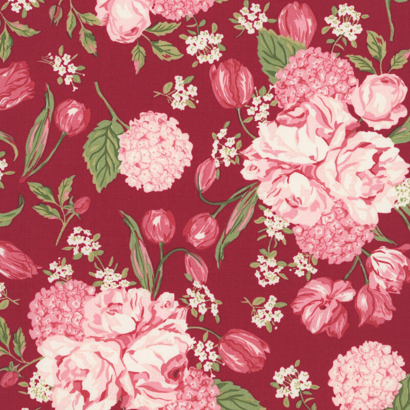 Lipstick red fabric with a scattered pattern of large, pink and cream florals including hydrangeas, tulips, and roses