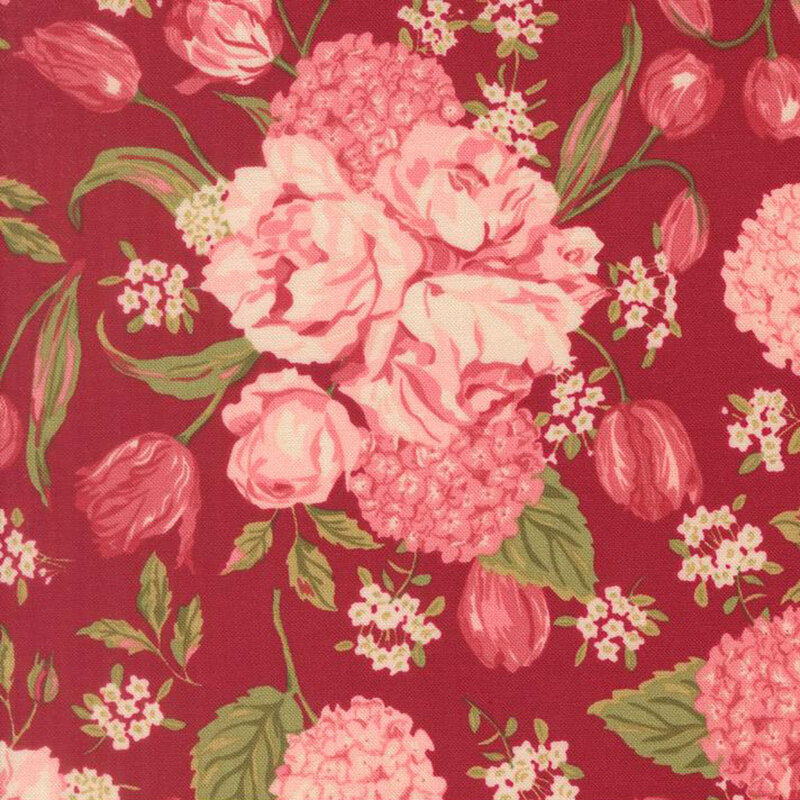 Lipstick red fabric with a scattered pattern of large, pink and cream florals including hydrangeas, tulips, and roses