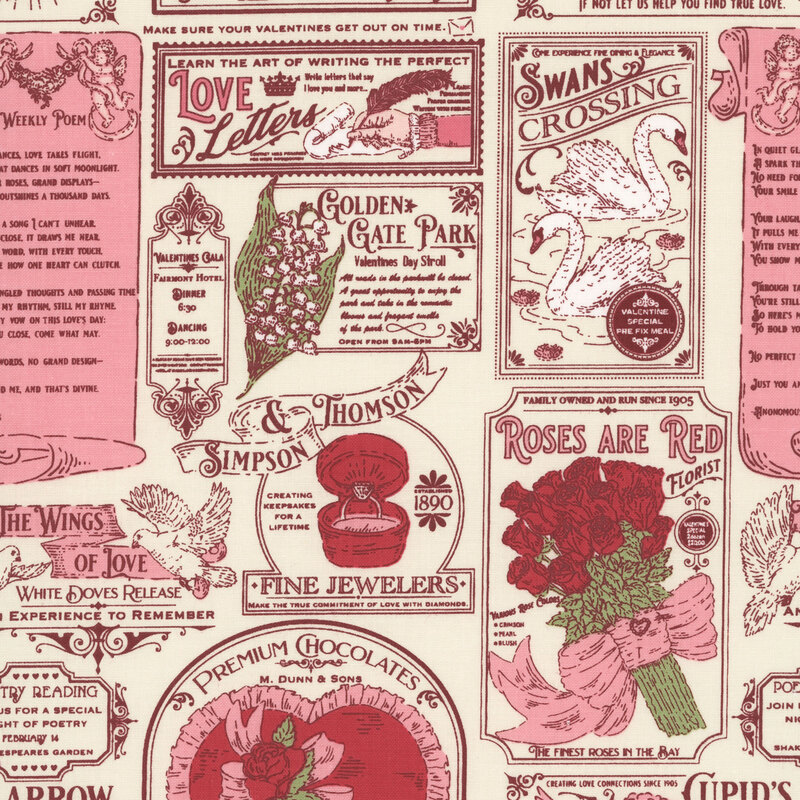 A vintage newsprint inspired design in cream and pink featuring valentine's day themed advertisements, with cupids, doves, and bouquets of roses 