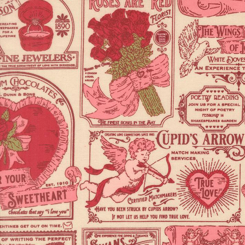 A vintage newsprint inspired design in cream and pink featuring valentine's day themed advertisements, with cupids, doves, and bouquets of roses 