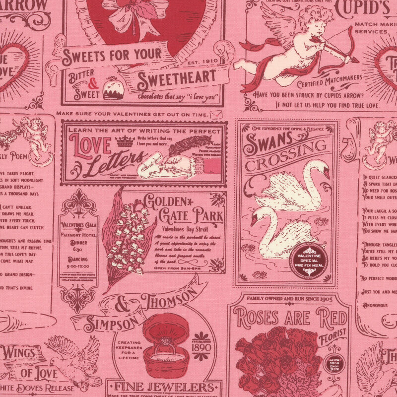 A vintage newsprint inspired design in pink and red featuring valentine's day themed advertisements, with cupids, doves, and bouquets of roses 