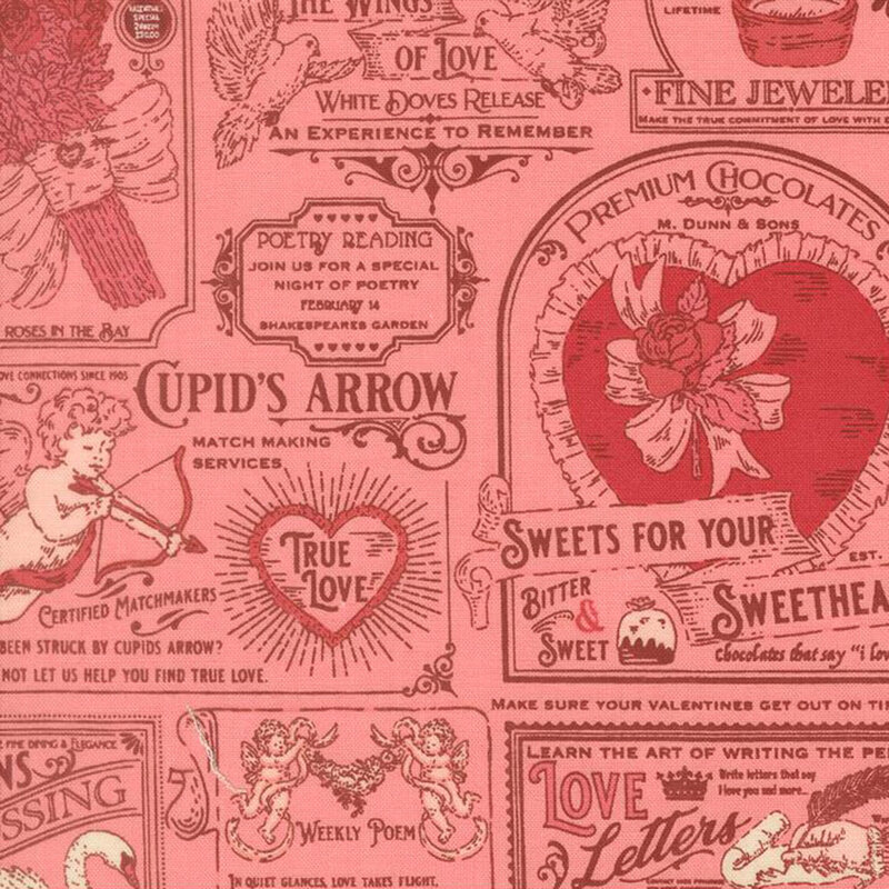 A vintage newsprint inspired design in pink and red featuring valentine's day themed advertisements, with cupids, doves, and bouquets of roses 