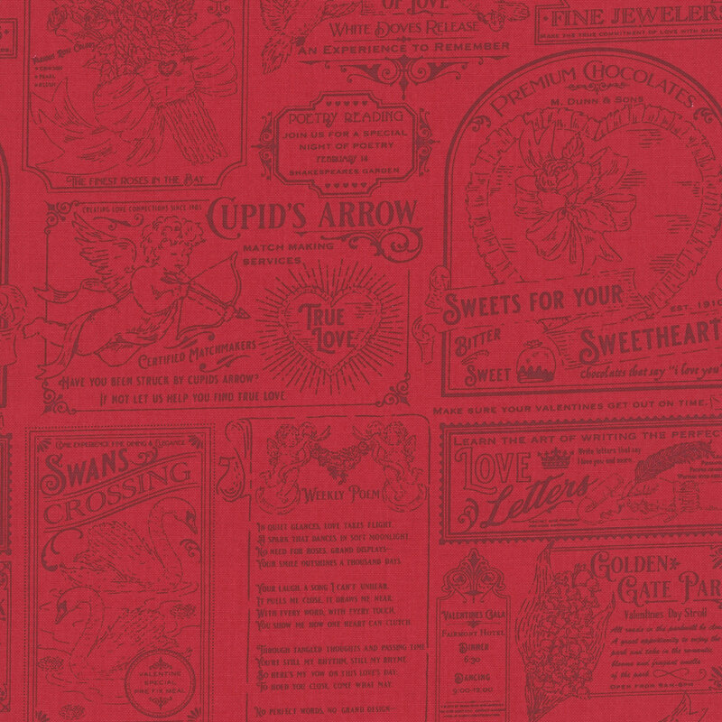 A vintage newsprint inspired design in red and burgundy featuring valentine's day themed advertisements, with cupids, doves, and bouquets of roses 