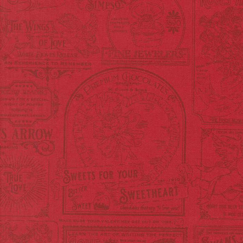 A vintage newsprint inspired design in red and burgundy featuring valentine's day themed advertisements, with cupids, doves, and bouquets of roses 