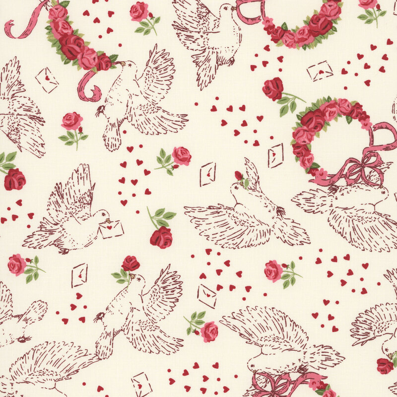 Beige fabric featuring an illustrated pattern of flying doves carrying pink and red roses, garlands, ribbons, and love letters with interspersed red hearts