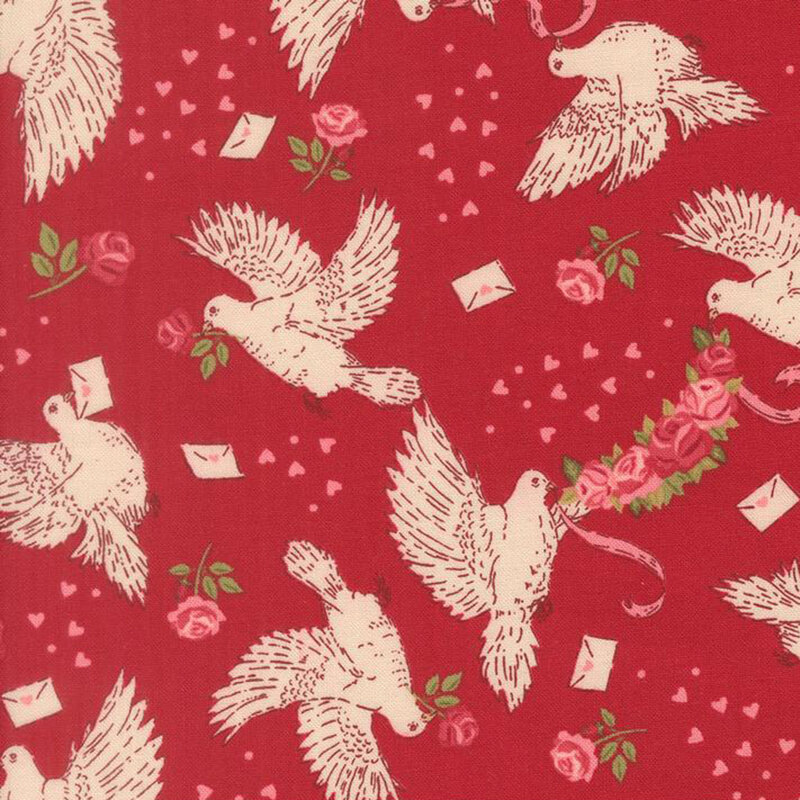 Rose red fabric featuring an illustrated pattern of flying doves carrying pink roses, garlands, ribbons, and love letters with interspersed pink hearts