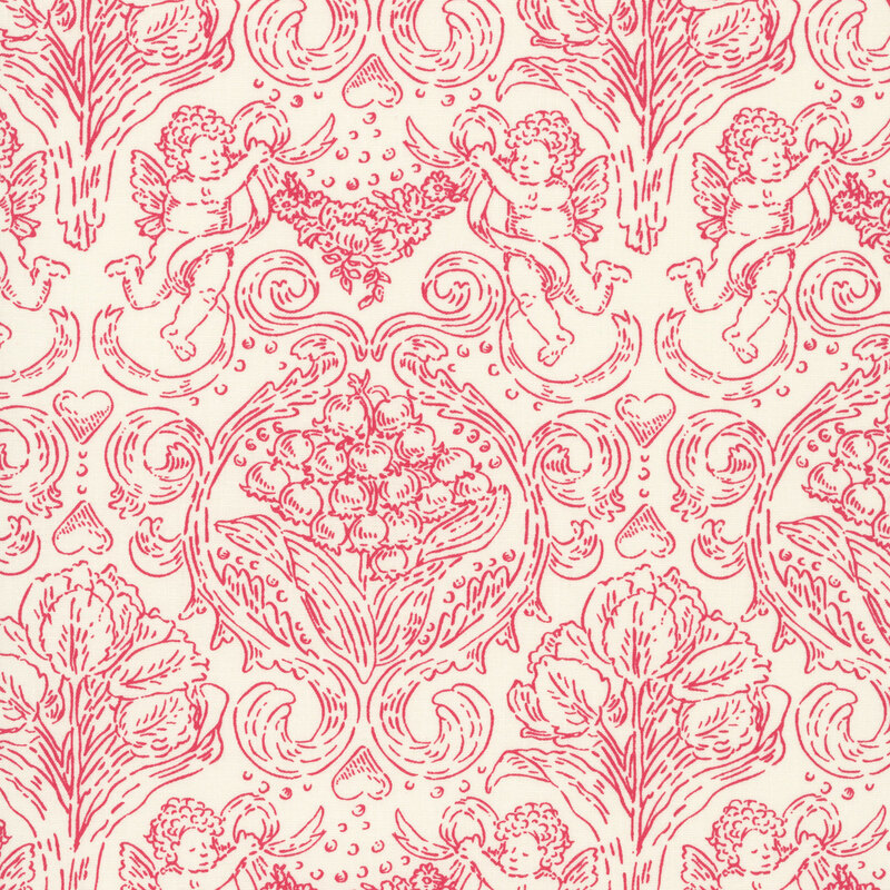 Beige fabric with a red damask woodcut design featuring cupids and florals