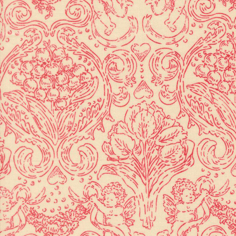Beige fabric with a red damask woodcut design featuring cupids and florals