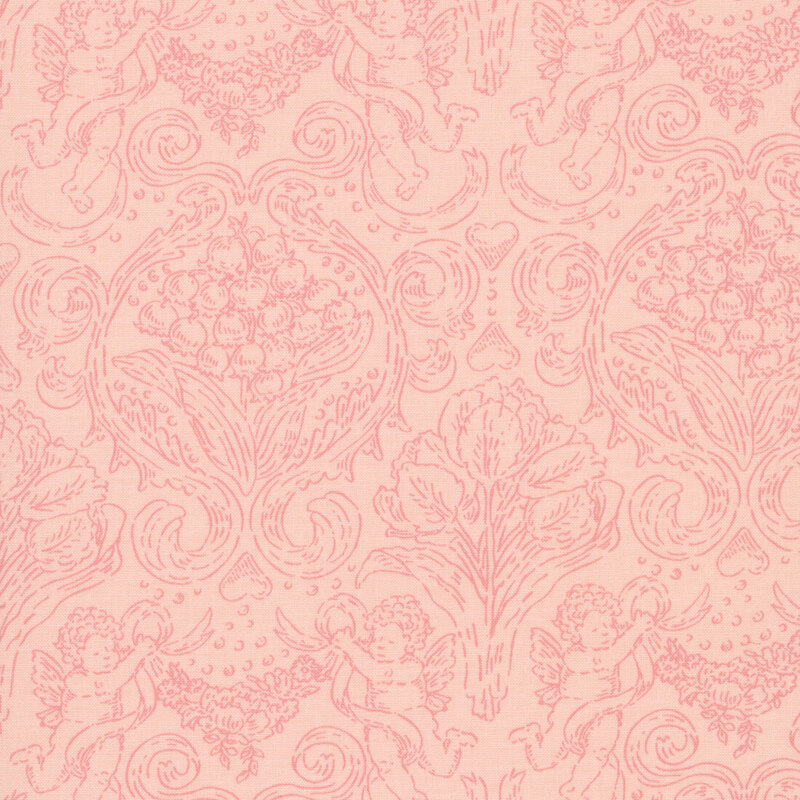 Blush pink fabric with a tonal damask woodcut design featuring cupids and florals