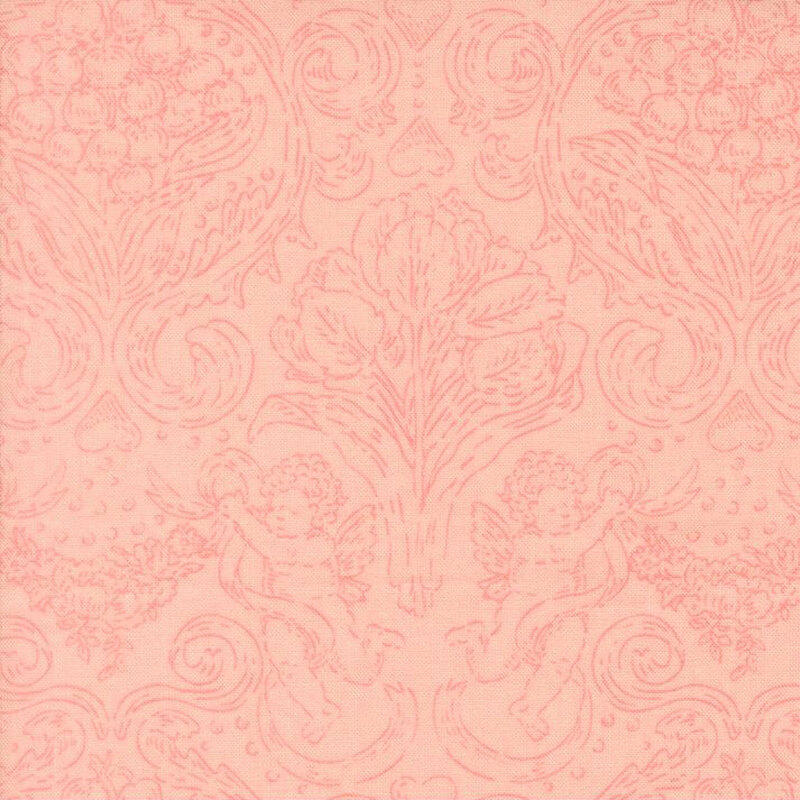 Blush pink fabric with a tonal damask woodcut design featuring cupids and florals