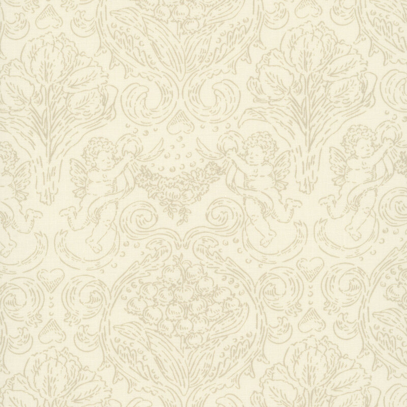 Beige fabric with a tonal damask woodcut design featuring cupids and florals