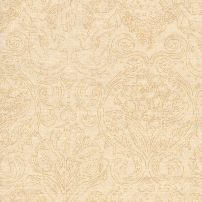 Beige fabric with a tonal damask woodcut design featuring cupids and florals