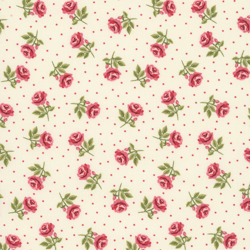 Beige fabric with pink polka dots and tossed dark pink, stemmed roses