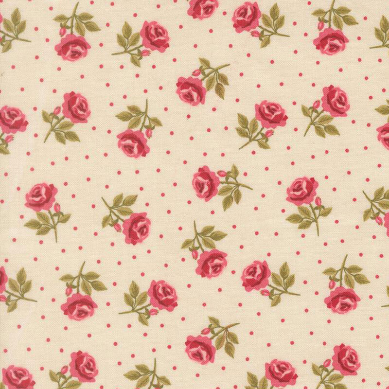 Beige fabric with pink polka dots and tossed dark pink, stemmed roses