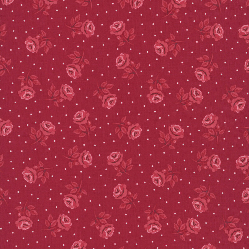 Ruby red fabric with cream polka dots and tossed dark pink, stemmed roses