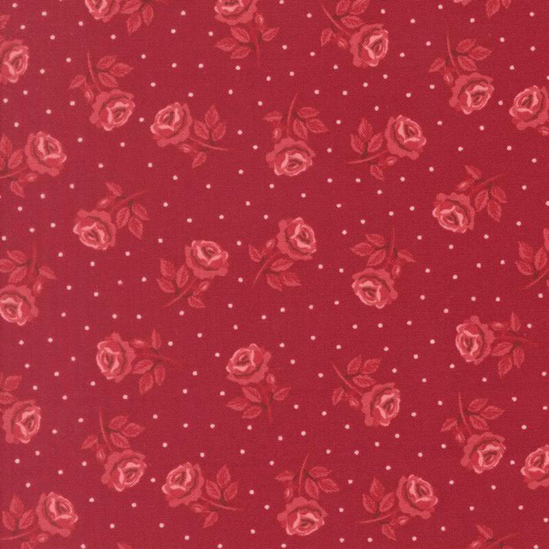 Ruby red fabric with cream polka dots and tossed dark pink, stemmed roses