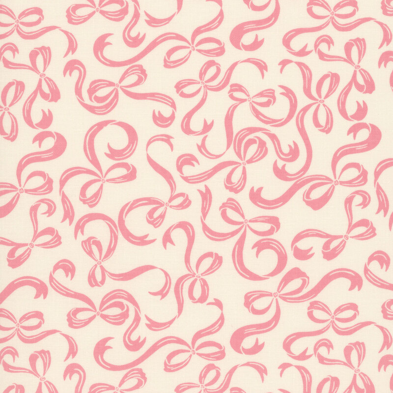 Beige fabric with a pattern of swirling pink bows
