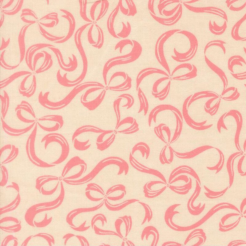 Beige fabric with a pattern of swirling pink bows