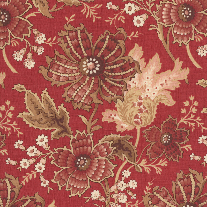 A rouge red fabric swatch featuring a stylized jacobean floral print in dark red, light pink, and brown hues.