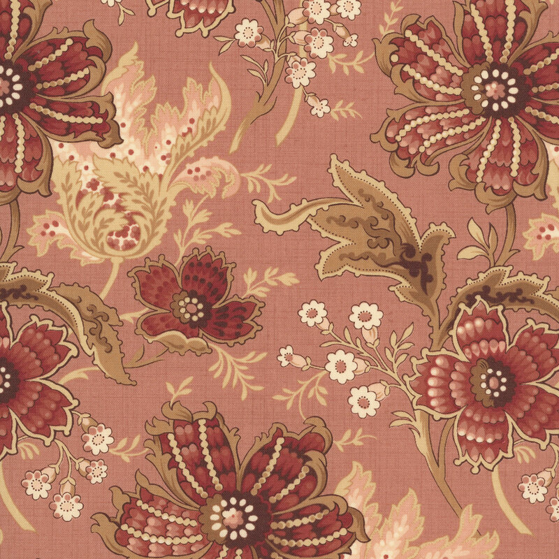 A dark blush fabric swatch featuring a stylized jacobean floral print in dark red, light pink, and brown hues.