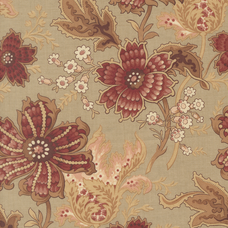 A stone colored fabric swatch featuring a stylized jacobean floral print in dark red, light pink, and brown hues.