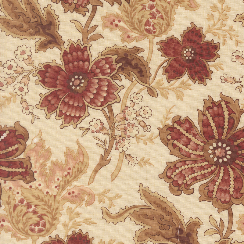 A cream fabric swatch featuring a stylized jacobean floral print in dark red, light pink, and brown hues.