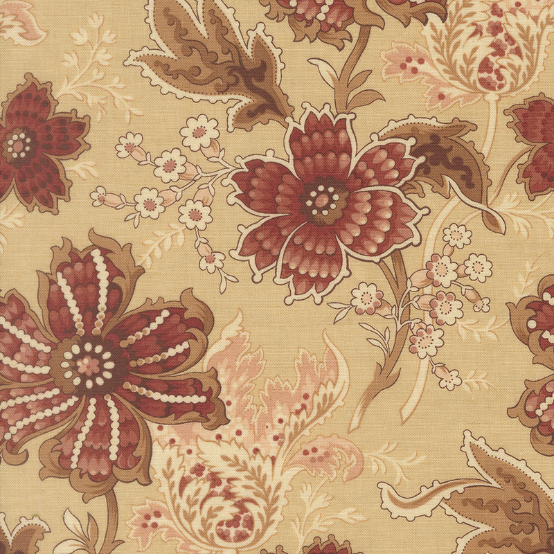 A buff fabric swatch featuring a stylized jacobean floral print in dark red, light pink, and brown hues.