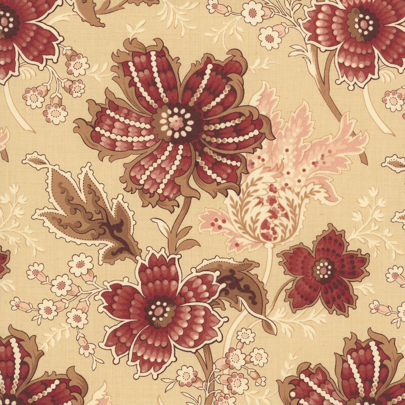 A buff fabric swatch featuring a stylized jacobean floral print in dark red, light pink, and brown hues.