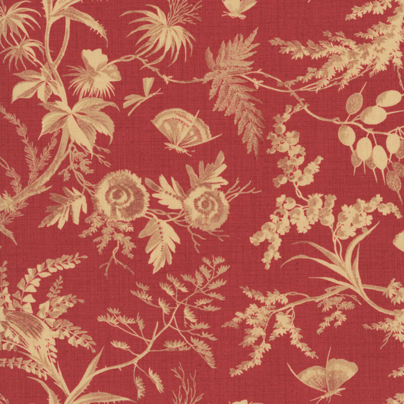 A rouge red fabric featuring a toile print of florals, birds on branches, and butterflies in a golden hue.