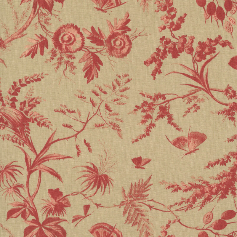 A stone-colored fabric swatch featuring a toile print of florals, birds on branches, and butterflies in a red hue.