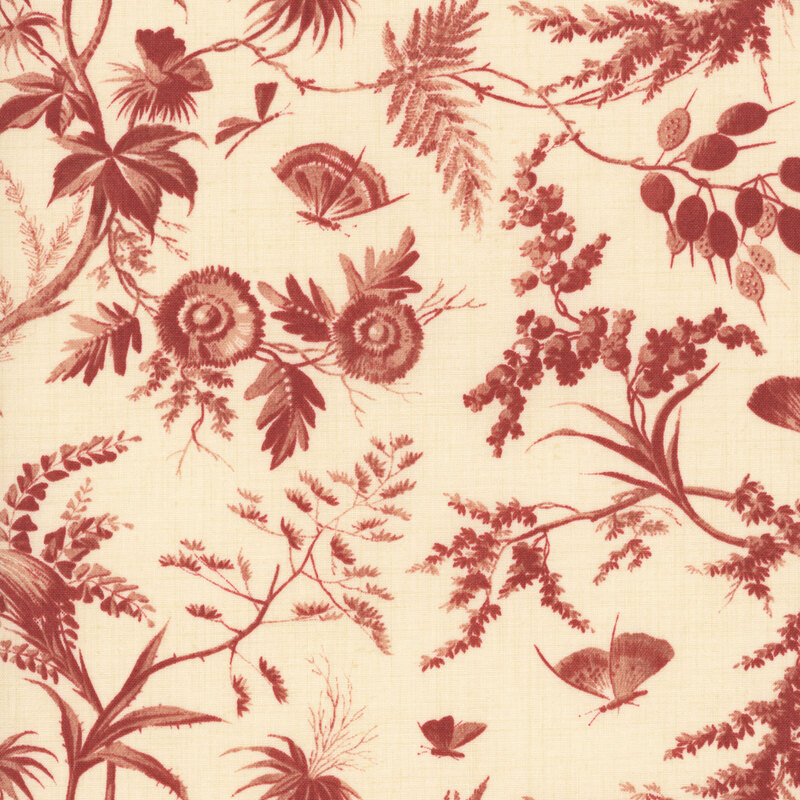 A cream fabric swatch featuring a toile print of florals, birds on branches, and butterflies in a red hue.