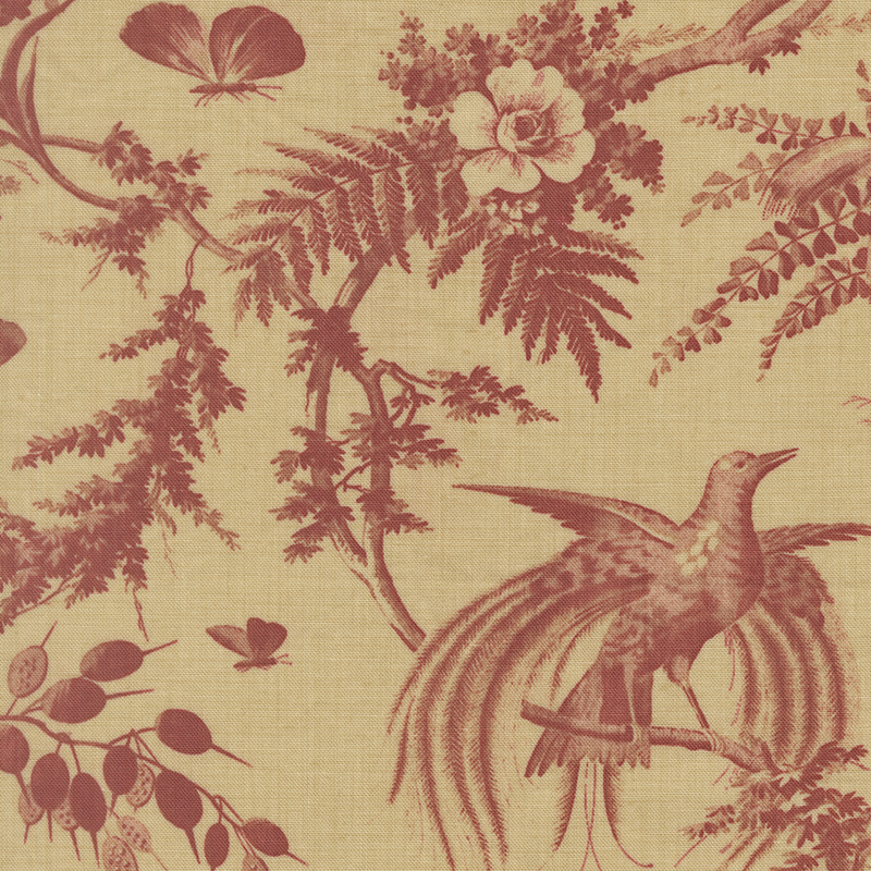 A light tan fabric swatch featuring a toile print of florals, birds on branches, and butterflies in a red hue.
