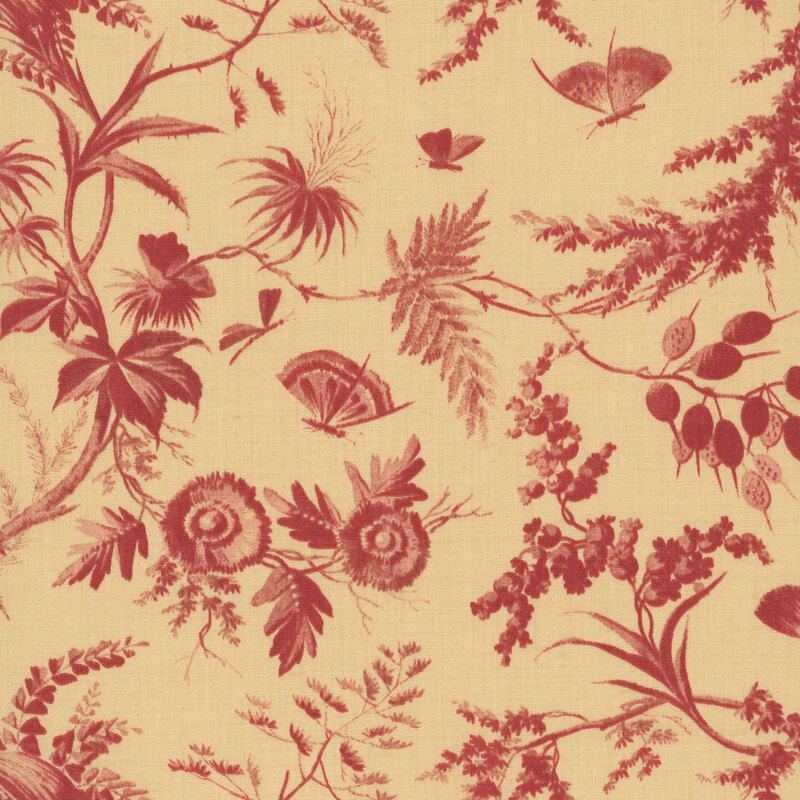 A light tan fabric swatch featuring a toile print of florals, birds on branches, and butterflies in a red hue.