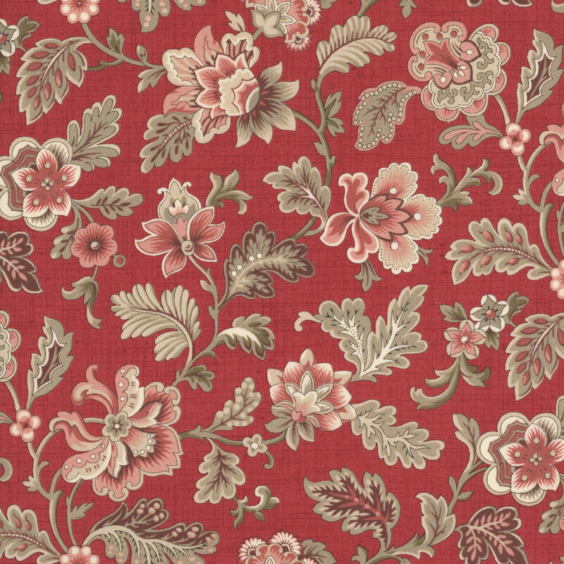 A rouge red fabric swatch featuring a vintage floral print in tones of pink, taupe, and muted red.