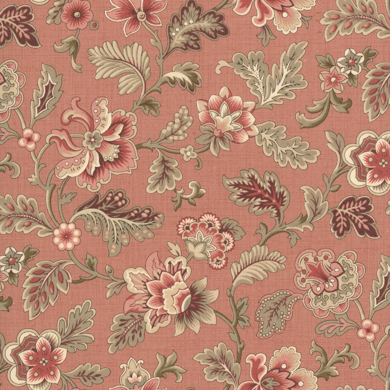A clay fabric swatch featuring a vintage floral print in tones of pink, taupe, and muted red.