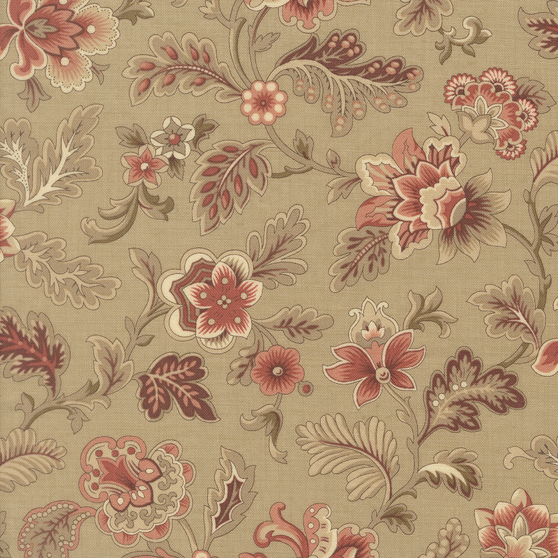 A stone gray fabric swatch featuring a vintage floral print in tones of pink, taupe, and muted red.