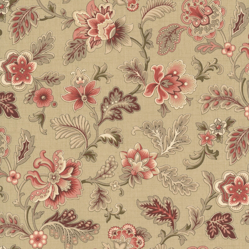 A cream fabric swatch featuring a vintage floral print in tones of pink, taupe, and muted red.