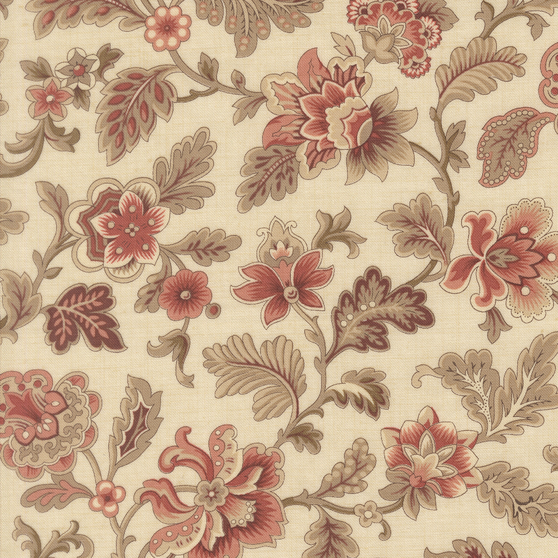 A cream fabric swatch featuring a vintage floral print in tones of pink, taupe, and muted red.