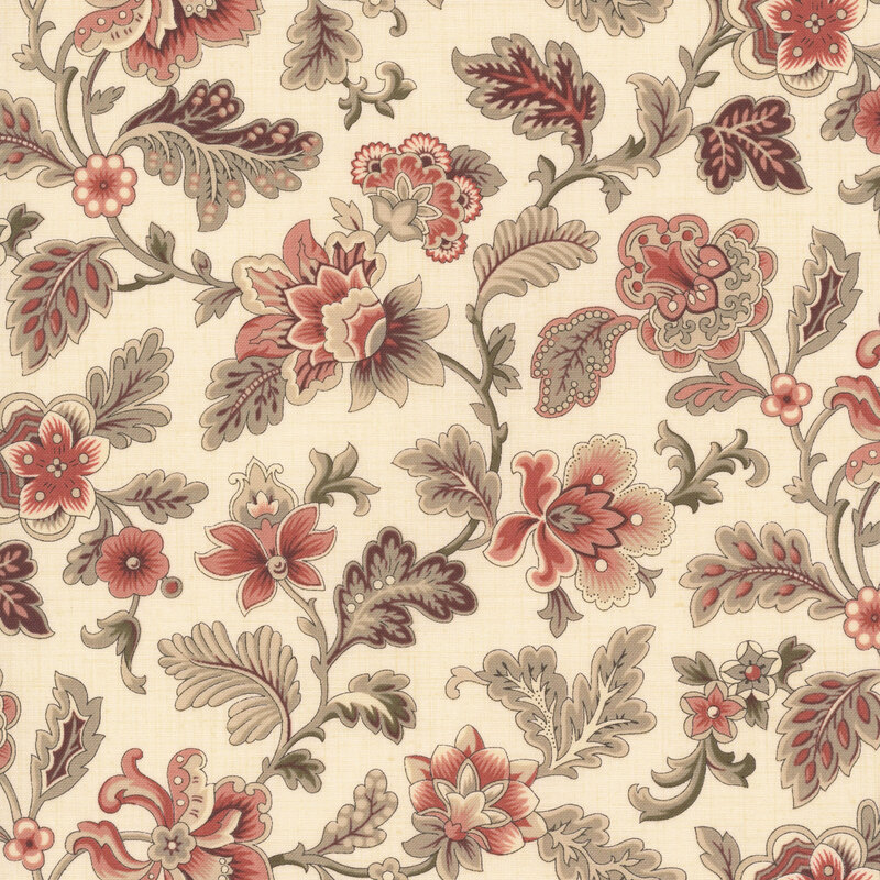 A cream fabric swatch featuring a vintage floral print in tones of pink, taupe, and muted red.