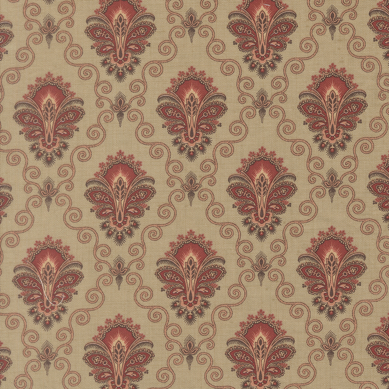 A taupe fabric swatch featuring a stylized damask print in hues of muted red, pink, and brown.