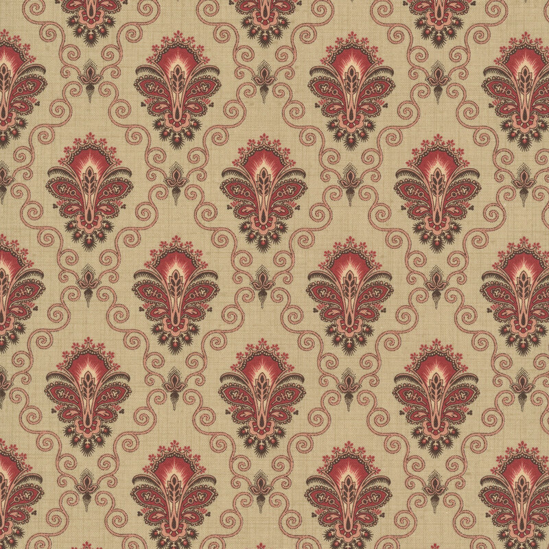 A taupe fabric swatch featuring a stylized damask print in hues of muted red, pink, and brown.