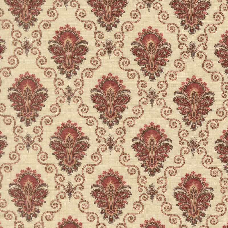 A cream fabric swatch featuring a stylized damask print in hues of muted red, pink, and brown.